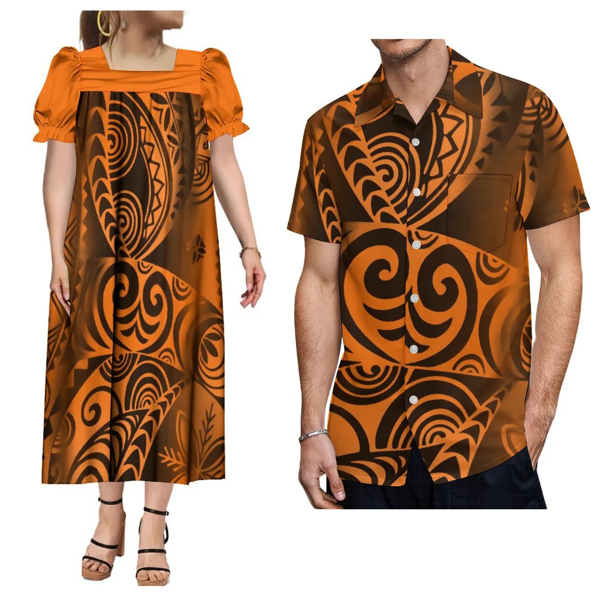 

Stylish Mumu Puffed Sleeve Dress With Men'S Short Sleeve Shirt Samoan Dress Polynesian Tribe Paired With Couple Suit