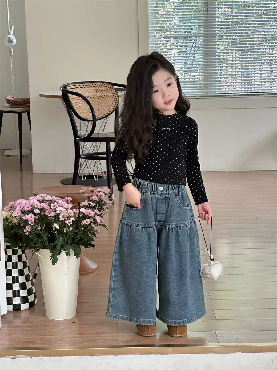 Children's High-waisted Denim Culottes 2025 Summer New Korean Version of Girls Good Version Denim Nine-point Pants