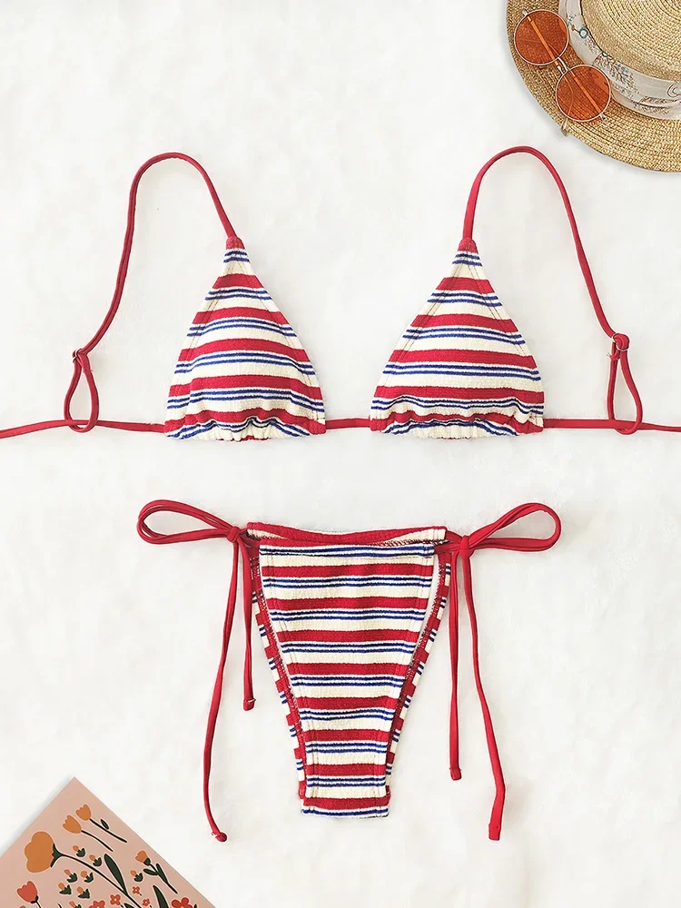 

Sexy Laced Up Striped Bikini 2 Piece Set for Women Split Swimsuit High Waist Beach Bikinis 2025 New Summer Swimwear Bikinis Set