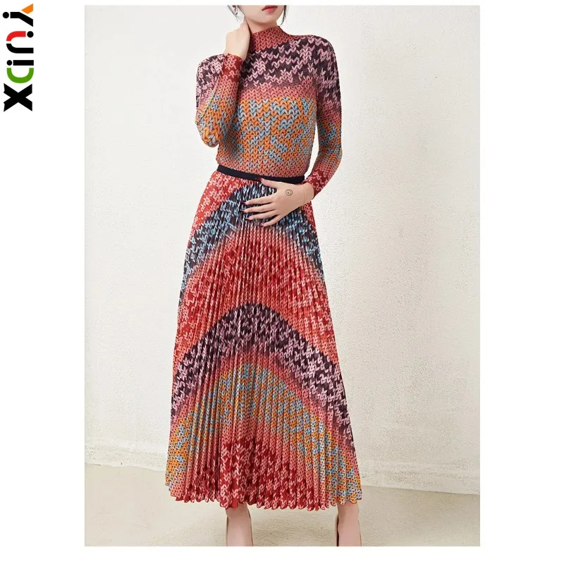 

YUDX Miyake New 2024 Early Spring Autumn Vintage Long Sleeved Top Half Skirt Set of Two, Three Mansion Folded Print Fashion Set