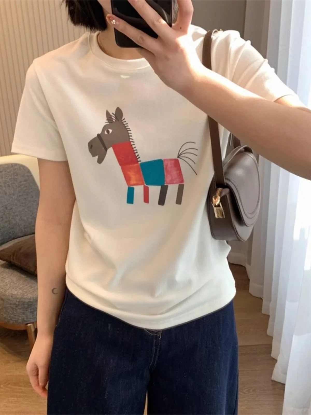   تي شيرت نسائي فني للربيع والصيف فضفاض مناسب ort Sve Rainbow Zebra Print Brued Cotton Faionable Slimming