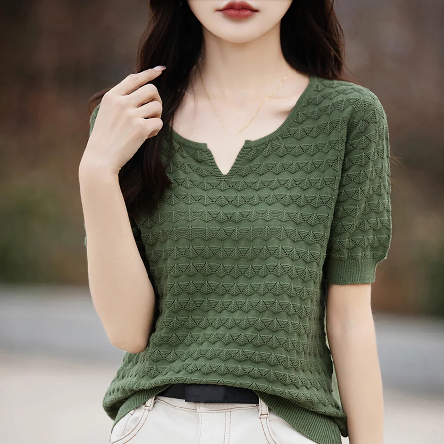 Women\'s T-shirt Summer Knitted Thin Short Sleeve Sweater Cotton Solid V-Neck Ladies Hollow Out Tops Blouse Basic Pullover Tees