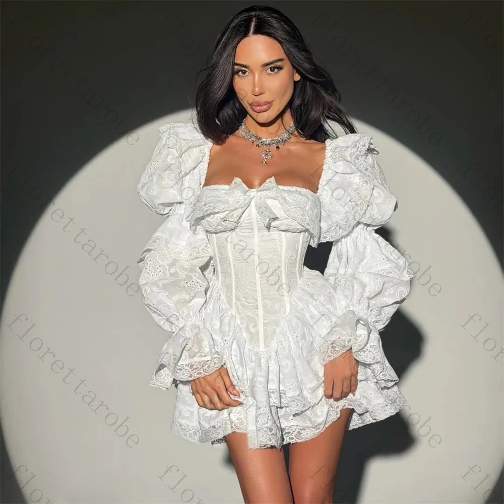 Customized Elegant Square Collar A-Line Pleat Lace Bubble Long Sleeve Mini Wedding Dresses Princess Brides Gowns Custom for 2026