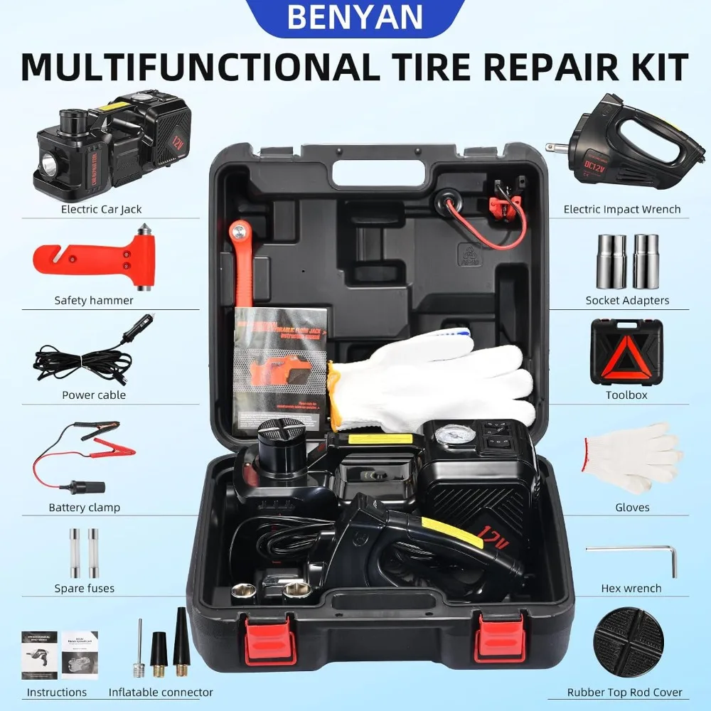 USA Stock Electric Car Jack 5 Ton 12V Floor Lift with Inflator Impact Wrench for SUV Sedan Truck Tire Change Hot Sale