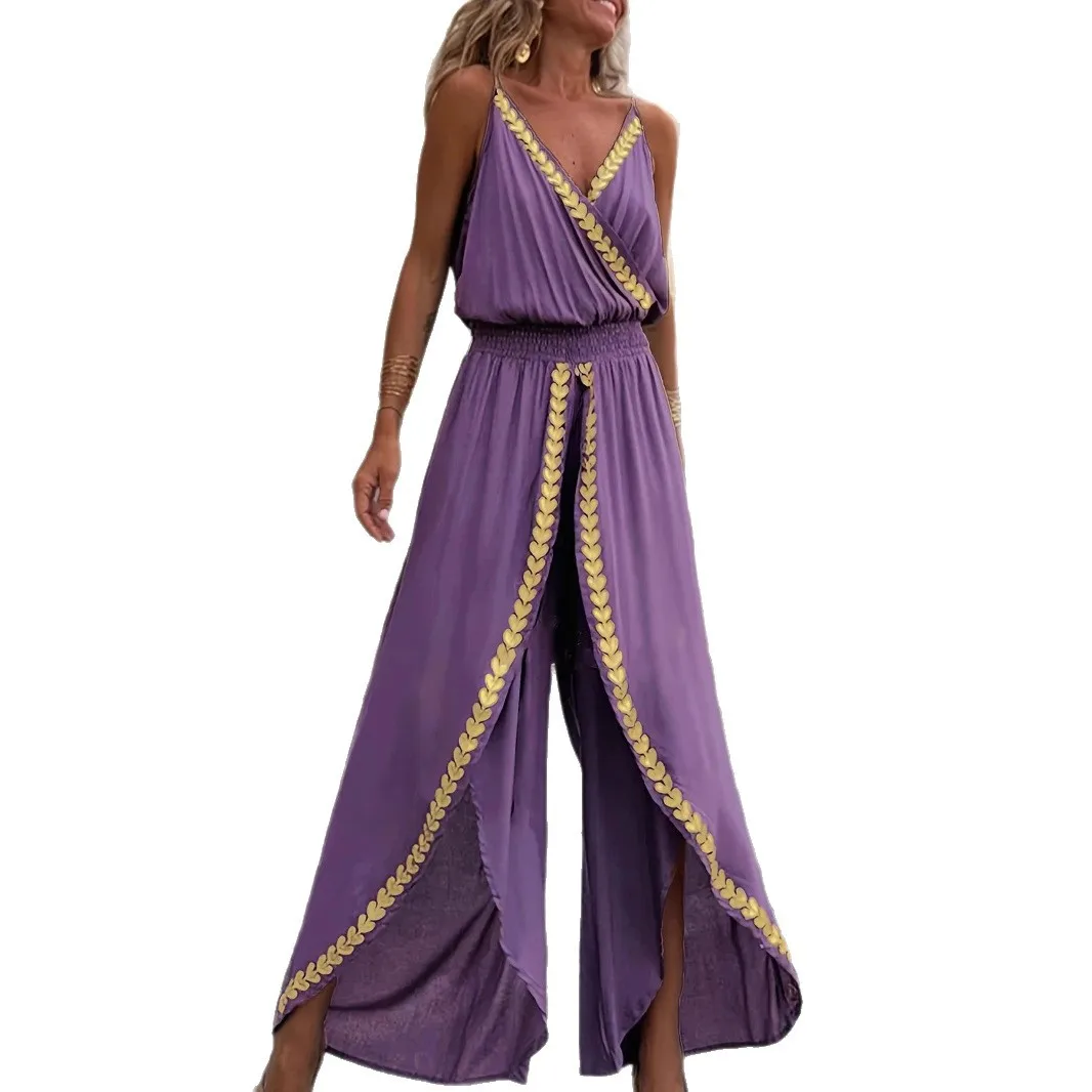 2025 verão novo macacão feminino elegante alça de deslocamento com decote em v borda dourada macacão de perna larga