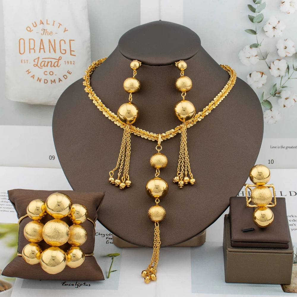 Luxury Gold Color Jewelry Set Nine Beads Cuff Bracelet Earrings Necklace African Dubai Drop Earrings Ring Fashion Italy Jewelry