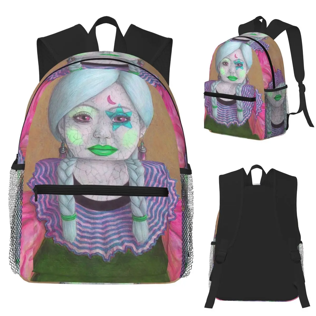 

Cracked Doll Drawing Pink Version Student Backpack School Bag Hiking Travel Daypack for Boys Girls Fashion Bookbag Shoulder Bags