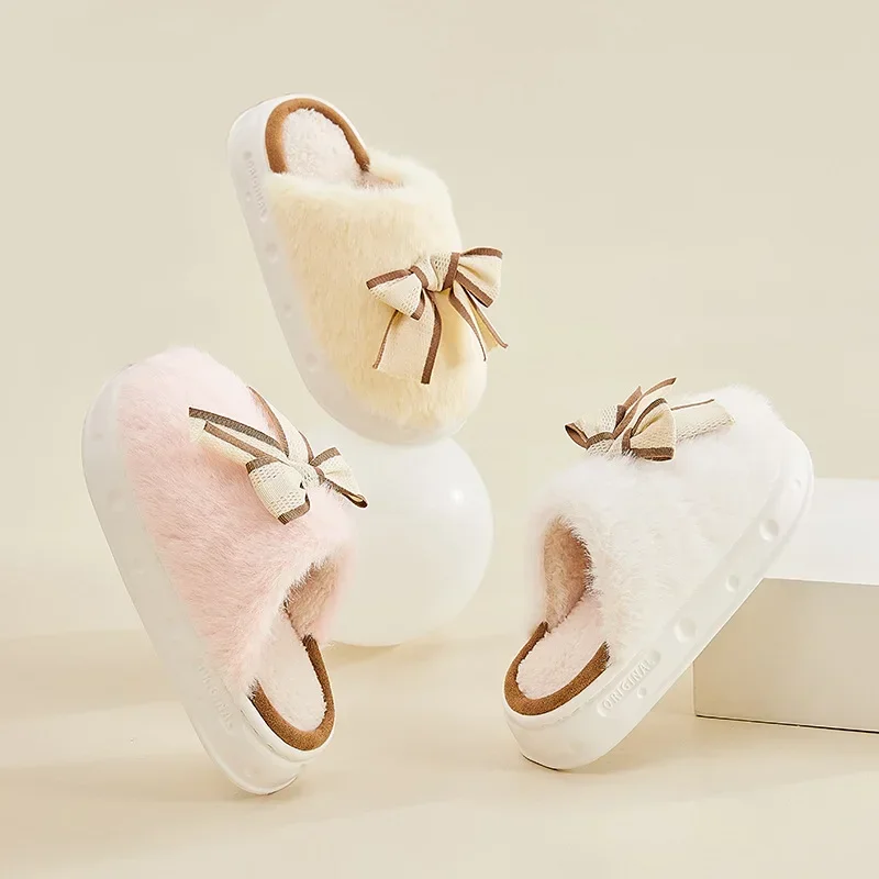 

Kawaii bowknot Home Slippers Women Winter Warm Thickened Fluffy Plush Slippers Embroidery Thick Soles Anti-slip for Couple Gift