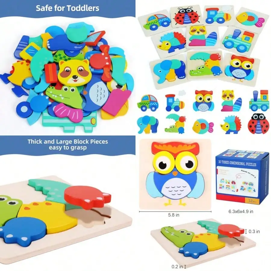 

10 Pack Wooden Toddler Puzzles, Montessori Animal Shape Jigsaw Learning Toy for 1-3