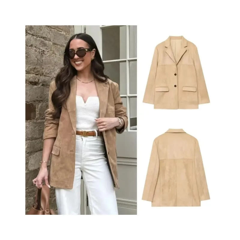 

Женская куртка из искусственной замши с карманом, осенняя женская куртка с длинными рукавами в европейском и американском стиле, повседневные женские карманные куртки