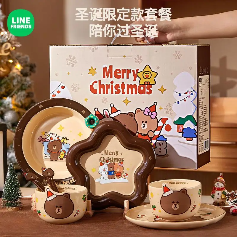 

Kawaii Line Friends Christmas Tableware Set Anime Cute Brown Bear Rice Bowl Dinner Plate Cartoon Gift Box Set Gift Wholesale