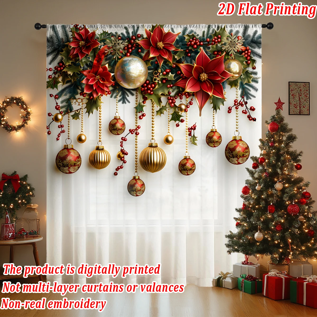 ستارة شفافة مطبوعة مسطحة لعيد الميلاد مع حلي عيد الميلاد، بونسيتة، توت هولي، لديكور نوافذ باب المنزل لعيد الميلاد