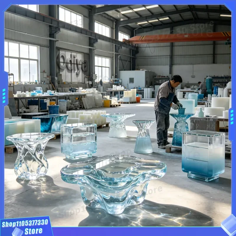 Modern Art Style Transparent Crystal Resin Bedside Table Wavy Design Engraved Nightstand for Fashionable Bedroom Home