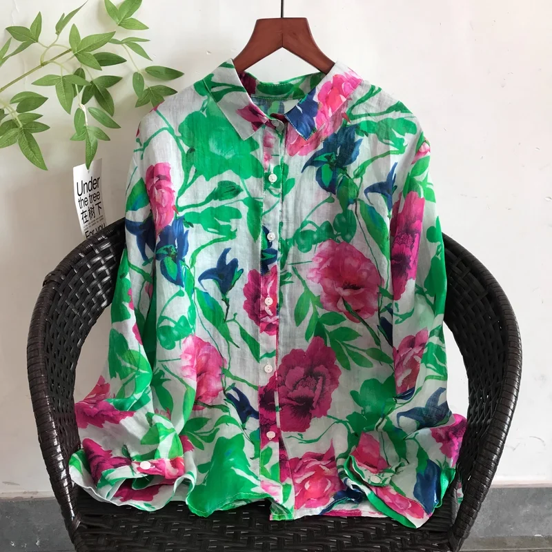 

Осенняя одежда, 100% льняные рубашки и блузки с этническим геометрическим узором из 100% рами для женщин, осенне-весенние топы с длинными рукавами в стиле бохо