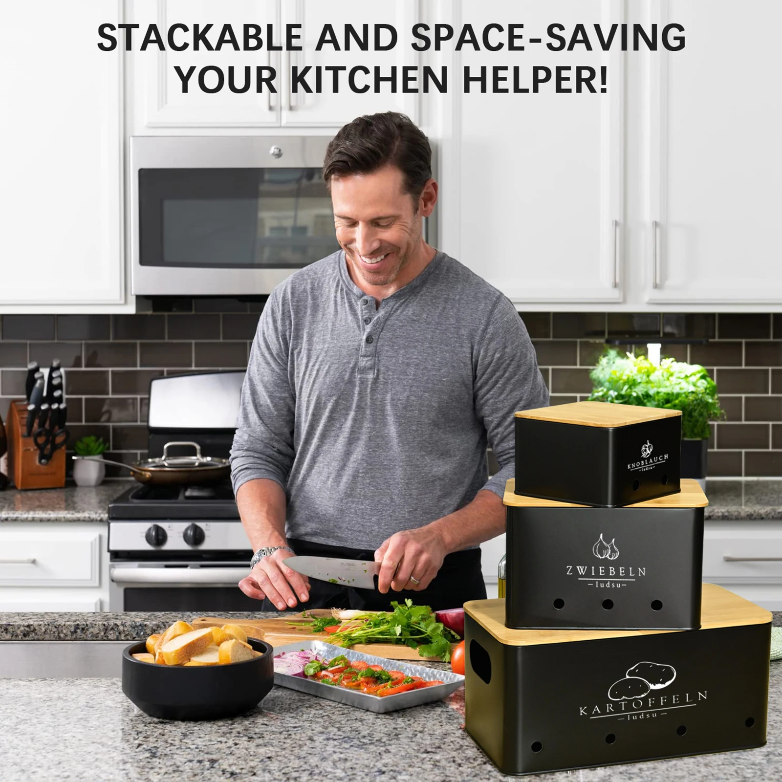 SAEIV Hochwertiges 3-Stück Metallische Kartoffelbox Set mit Natürlichem Bambusdeckel – Stapelbare Aufbewahrungsboxen für Kartoffeln, Zwiebeln & Knoblauch (mit Lüftungslöchern) – Arbeitsfläche oder Vorratsschrank – Detail 5