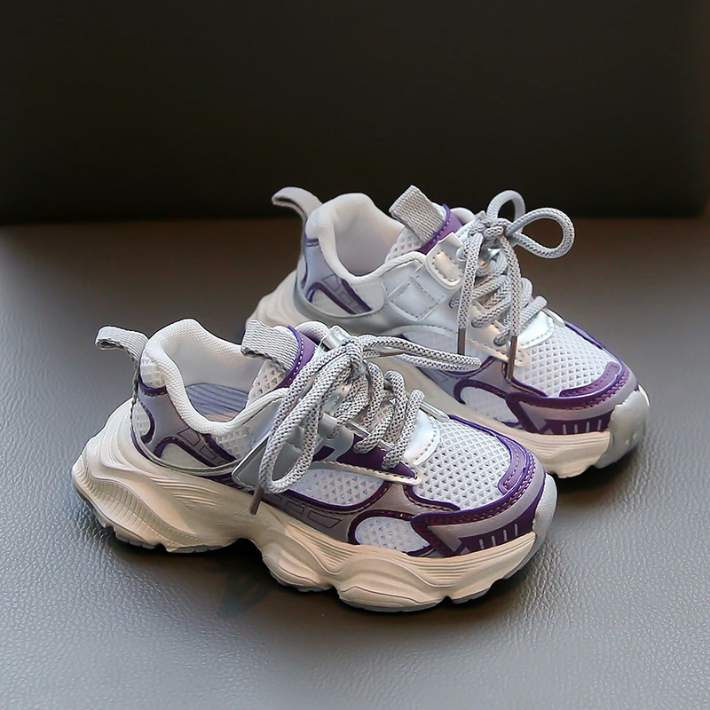 Ragazzi ragazze sandali estate nuovo grigio maglia traspirante scarpe Casual per bambini viola morbido antiscivolo sandali sportivi per bambini