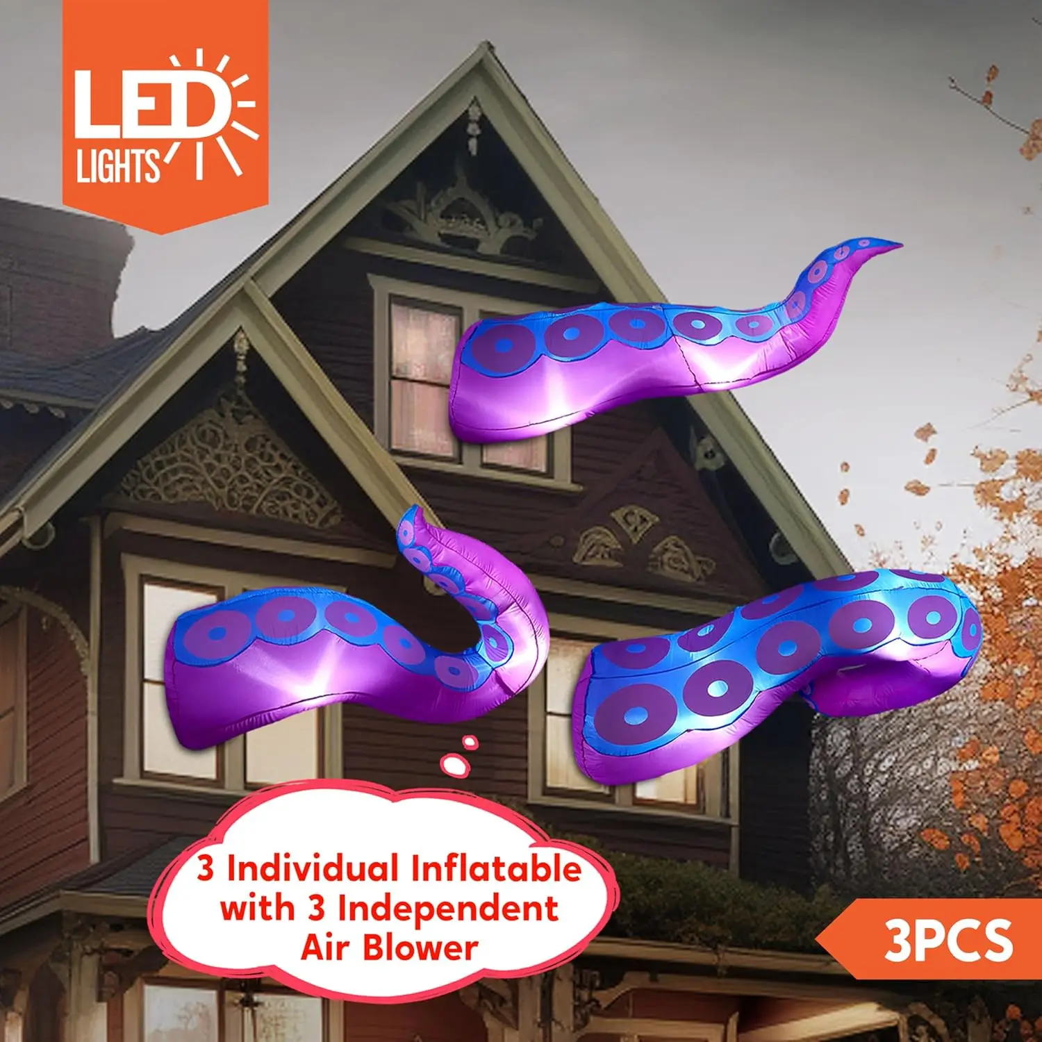 3 Pcs Halloween Blow-Up Octopus Tentacle Decorations for Outdoor Windows, Inflatable Octopus Legs with Built-In LED Lights, Holiday Yard Prop for Front Door, Roof, Garden, Lawn
