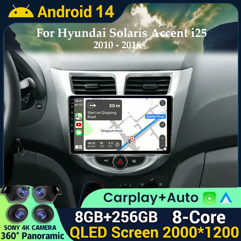 

Android 14 For Hyundai Solaris Accent i25 2010-2016 Car Multimedia GPS Navigation 4G Wireless CarPlay Android Auto Radio No 2DIN