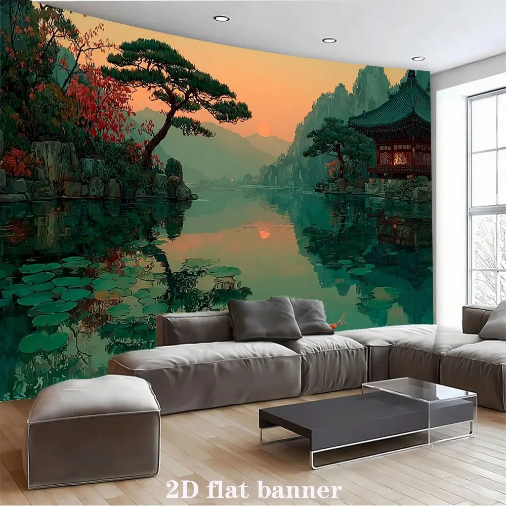 Polyester Tapestry Wall Mural Chinese Landscape Backdrop Decoration Asian Zen Pagoda Mountain Lake Art Print for Home Room Decor