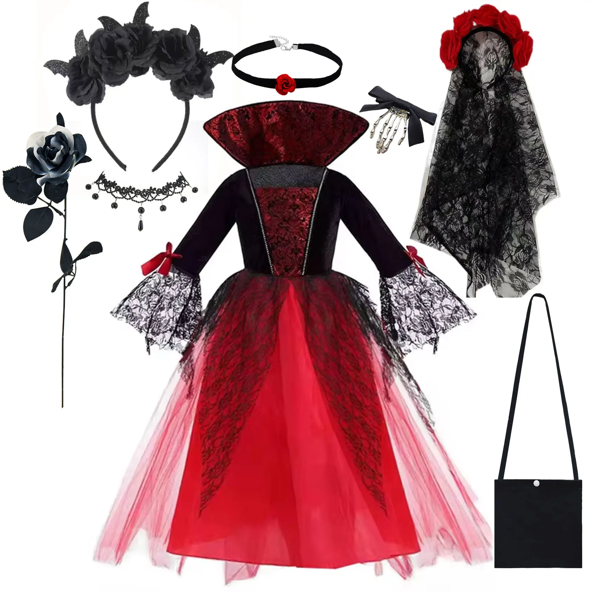 2026 Halloween Birthday Carnival Party Outfits Girl Cosplay Vampire Dress For Kids Ghost Bride Vampire Scarlet Gothic Dress Suit