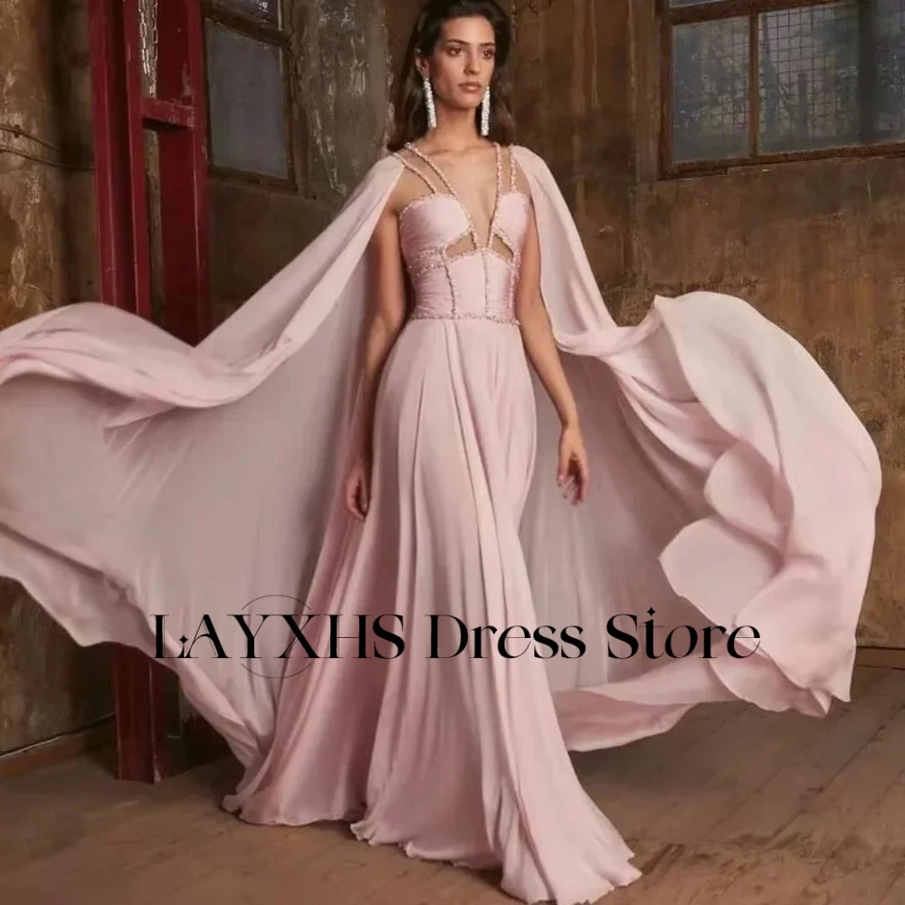 LAYXHS exquise col en v robes de soirée a-ligne dos nu plissé avec châle femmes robes de bal personnalisé فساتmaveraات