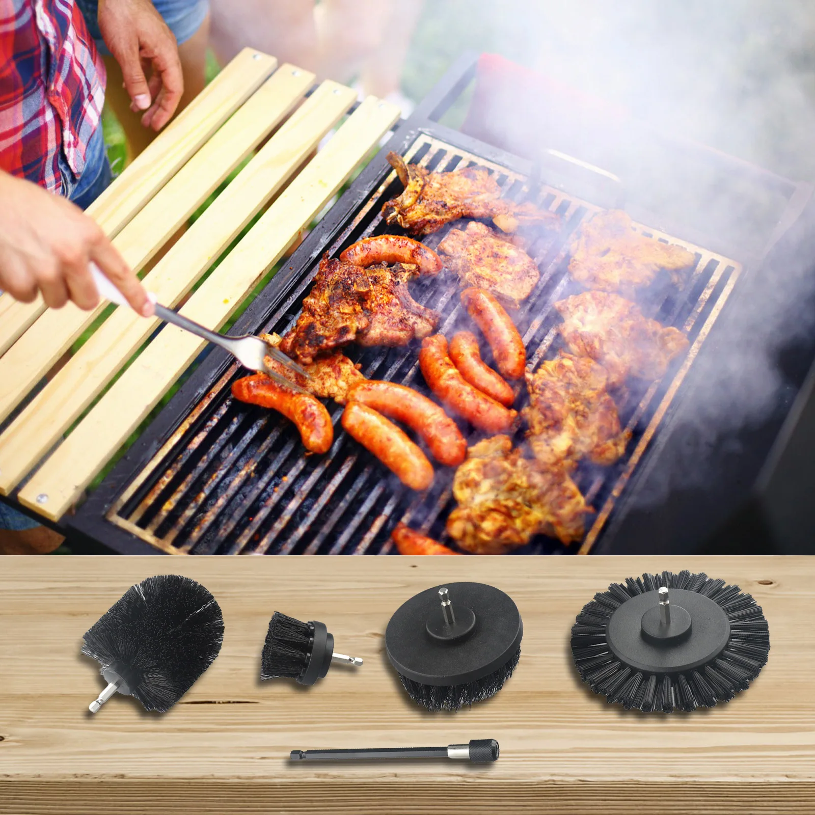 BBQ Cleaning Set 5 Pieces with Wire Brush and Drill-Ready Bristle Brushes Optimized for Cordless or Corded Power Drill Use