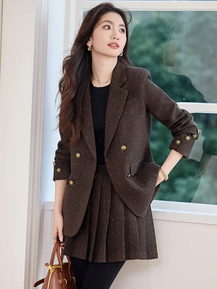French Fashion Women Solid Long Sleeve Woolen Blazer Coat 2025 New Autumn Winter Ladies Elegant Double Breasted Jacket Versatile