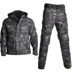 Men's Outdoor Men Pants Military Clothing Camo Jacket Man Hunting Clothes Combat Uniform Coat Hooded Work Army Suit Pants +Pads