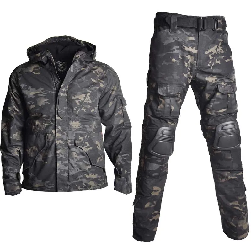Męskie spodnie outdoorowe Odzież męska Camo Fleece Jacket Man Hunting Sport Clothes Combat Uniform Coat Hooded Work Suit Pants +Pads
