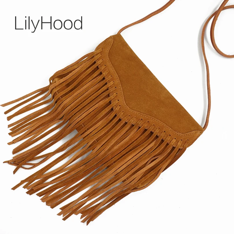 2024 Women Genuine Leather Suede Fringed Brown Crossbody Bag 90s Y2K Boho Hippie Gypsy Ibiza Bohemian Small Phone Side Sling Bag