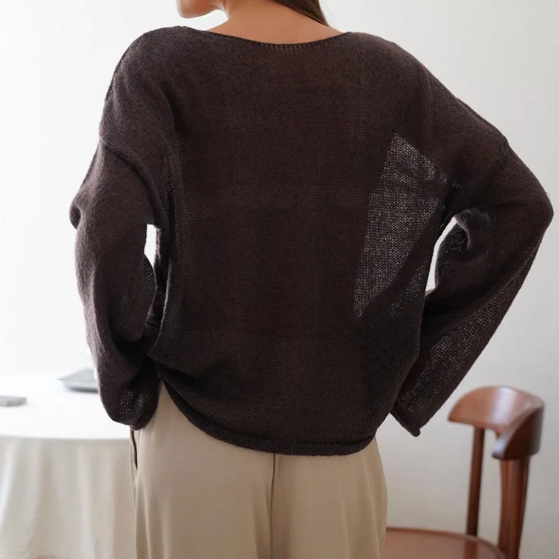 White Oversize Thin Knitted Pullovers Women Summer Knitwear T Shirts Red Loose Sweaters Trumpet Sleeves Transparent Sweater 2024