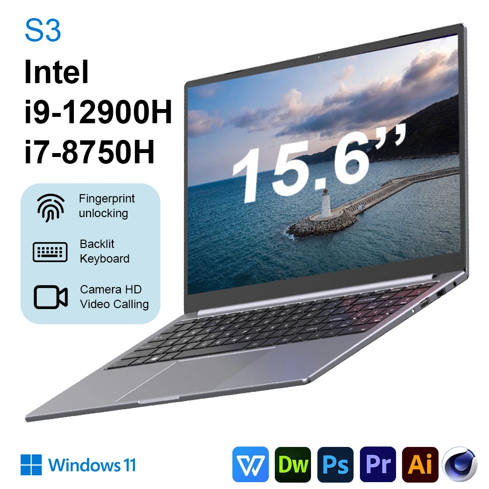 S3 NEW Ultrabook Computer 15.6 Inch Intel Core i9-12900H/i7-8750H Por Laptop 2*DDR4 2*M.2 SSD  Windows 11 Fingerprint Unlock BT
