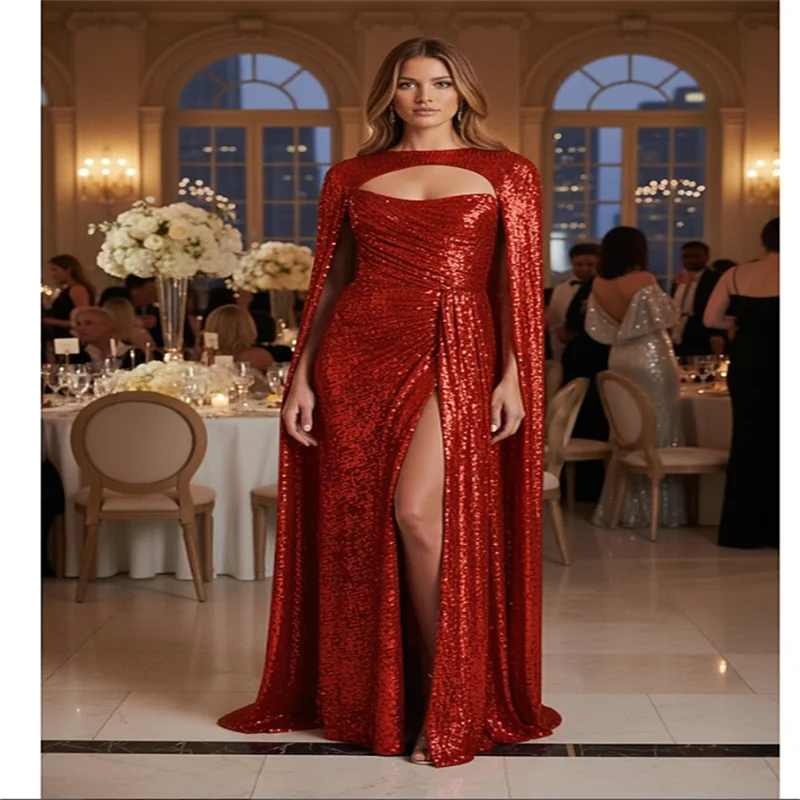 Langes Abendkleid mit Pailletten für Damen, grün, elegante Partykleider 2025, langes Damen-Abschlussballkleid, individuell gestaltet mit Kappe