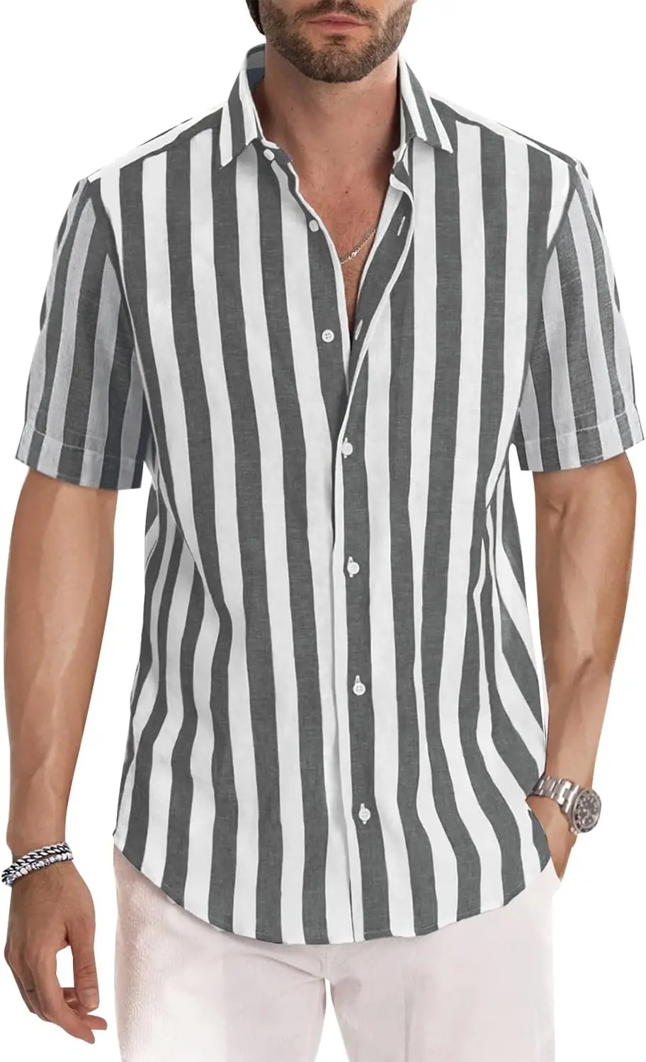 Eenvoudig ontwerp heren gestreept overhemd zomer dagelijks casual revers knop korte mouwen losse ademende sneldrogende mannelijke kleding