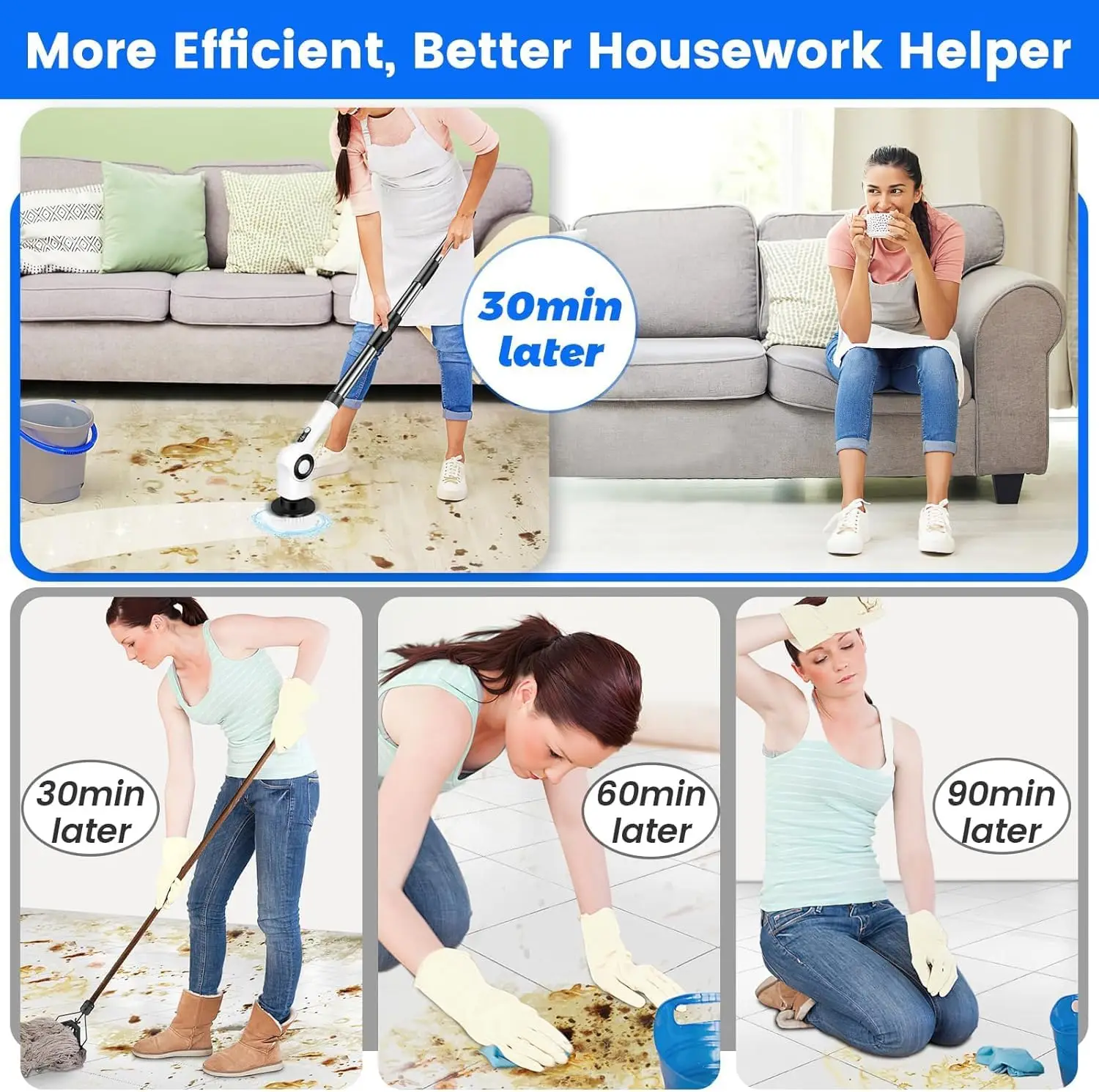 منظف دوار كهربائي، منظف دش لاسلكي، 7 فرش، 3 سرعات، مقبض قابل للتعديل، IPX7 مقاوم للماء - أبيض #4