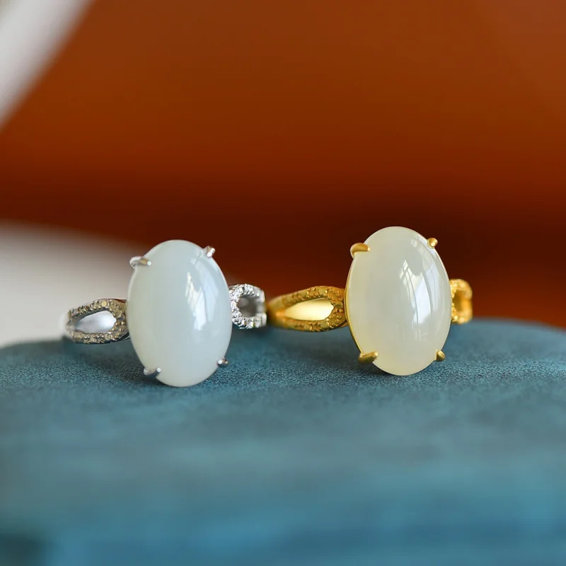 

S925 Silver Inlaid Hetian White Surface Women Natural Jade Ring