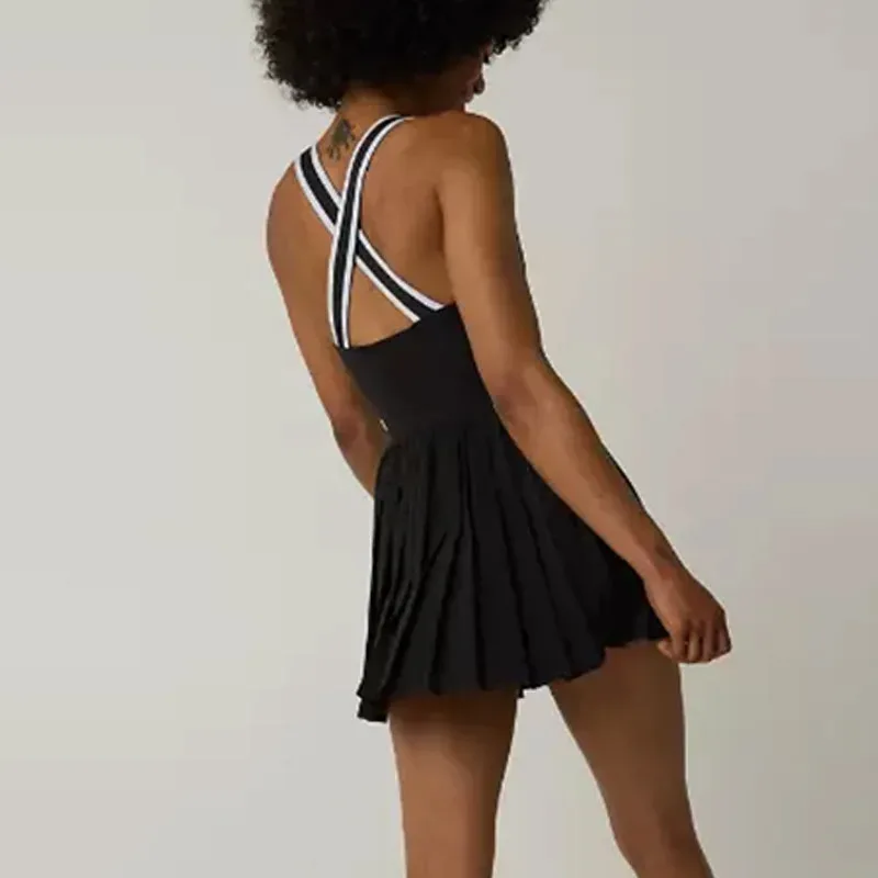 Tennis Yoga Dress for Women Cross Back Badminton Dress Built-in Chest Pad Quick Dry Pickleball Dress with Pocket Workout Outfit
