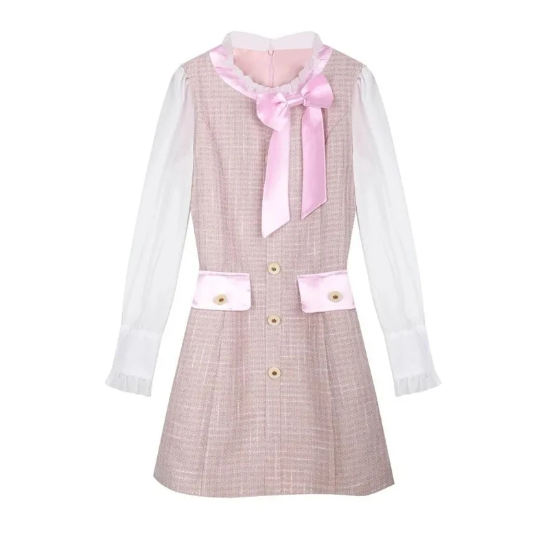 Women Spring Autumn Sweet Pink Mini Dress Korean Lady Graceful Bowknot Patchwork Long Sleeve Dresses 2024 New Tweed Gown Female