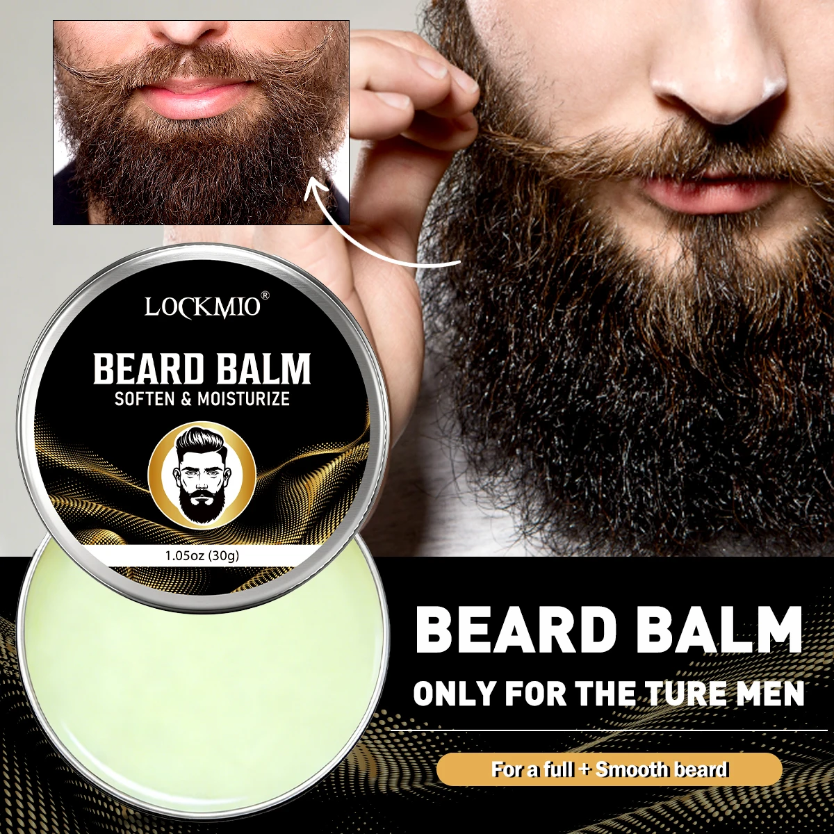 LOCKMIO Bálsamo Suavizante y Estilizador para Barba de 30g para Hombres, Fijación Duradera, Crema Hidratante y Definidora para Bigotes y Vello Facial