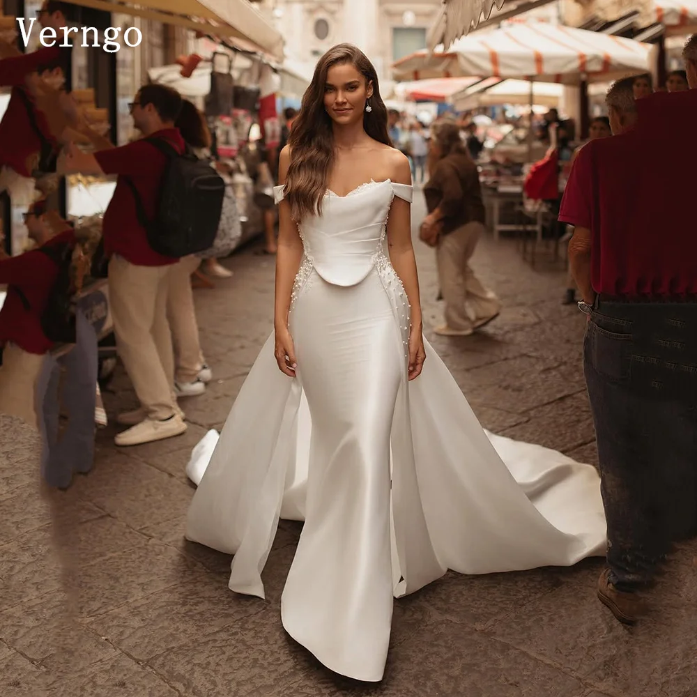 Verngo cetim pérolas vestido de casamento fora do ombro sereia vestidos de noiva feminino elegante magro vestidos de noiva personalizado