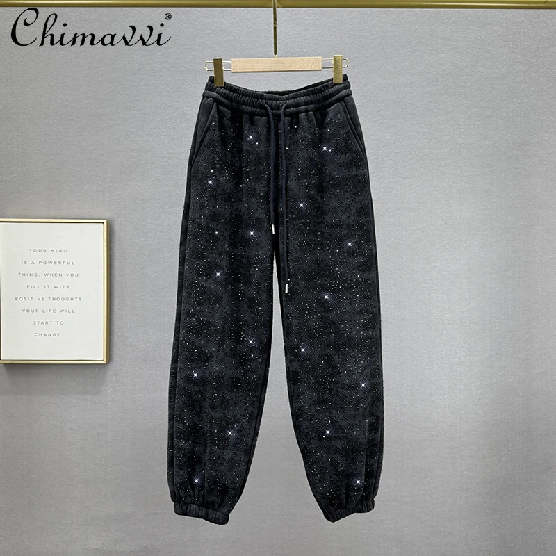 

Утепленные спортивные штаны на флисовой подкладке, женские зимние новые модные свободные тонкие брюки-шаровары с высокой талией и стразами, тяжелые шаровары со звездным небом
