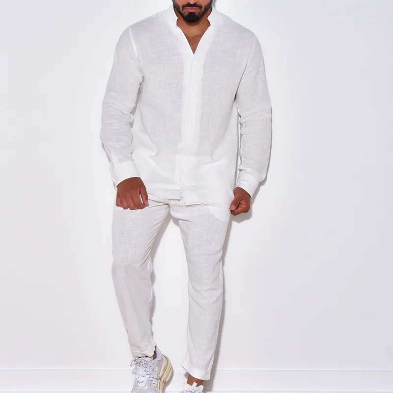 Men's casual cotton and linen suit, fashion comfortable linen solid color stand collar shirt street loose long sleeve two-piece