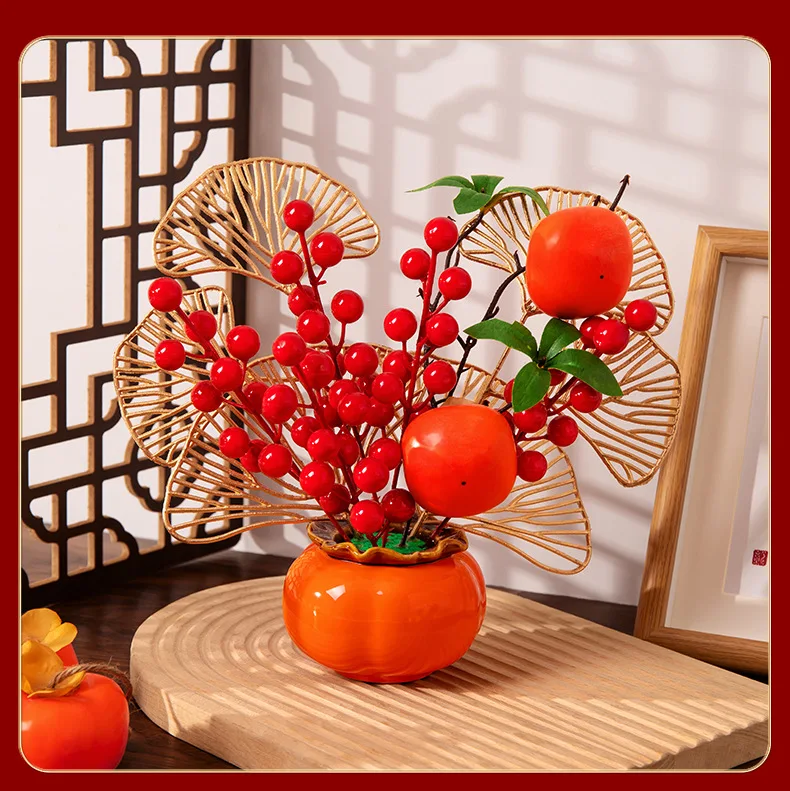 2024 Housewarming Decoration Persimmon Shaped Ceramic Jar Decor of Moving Ceremony for New Houses Ornaments Simulation Flowers