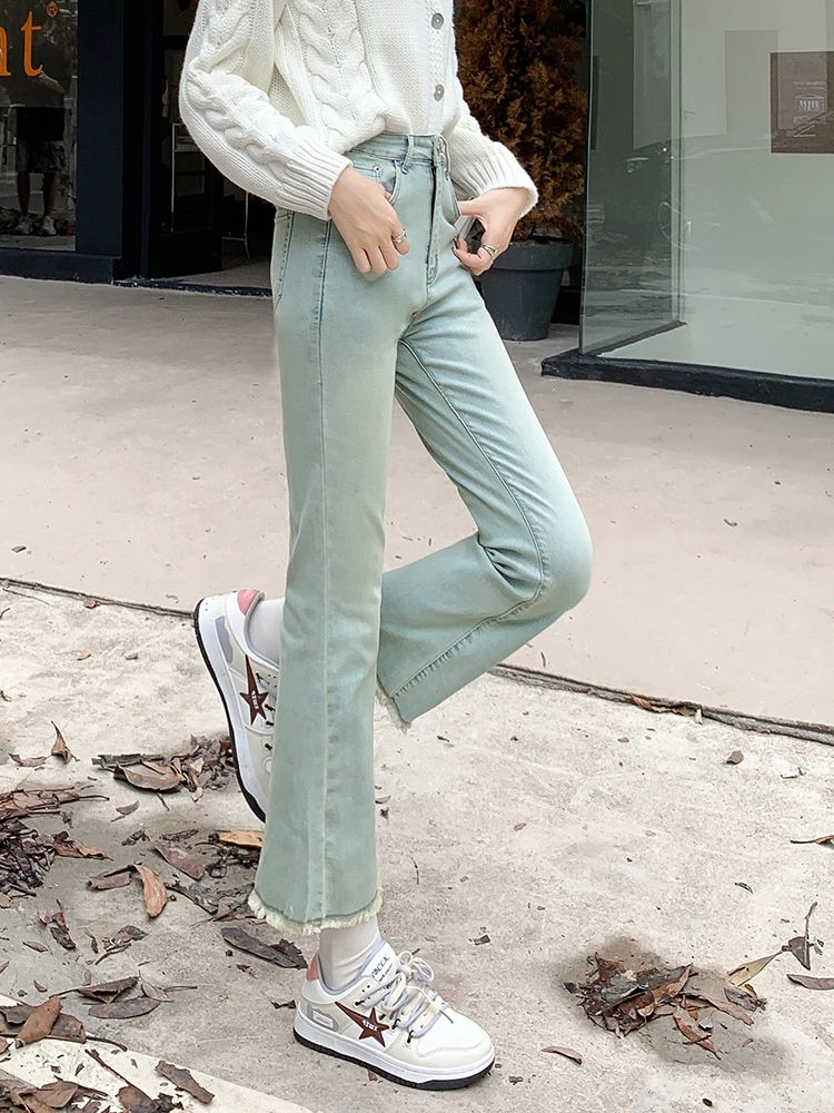 Retro Winter Velvet Ripped High Waist Ankle-Length Jeans Women Korean Fashion Flare Pants Stretch Denim Pants Pocket Trousers