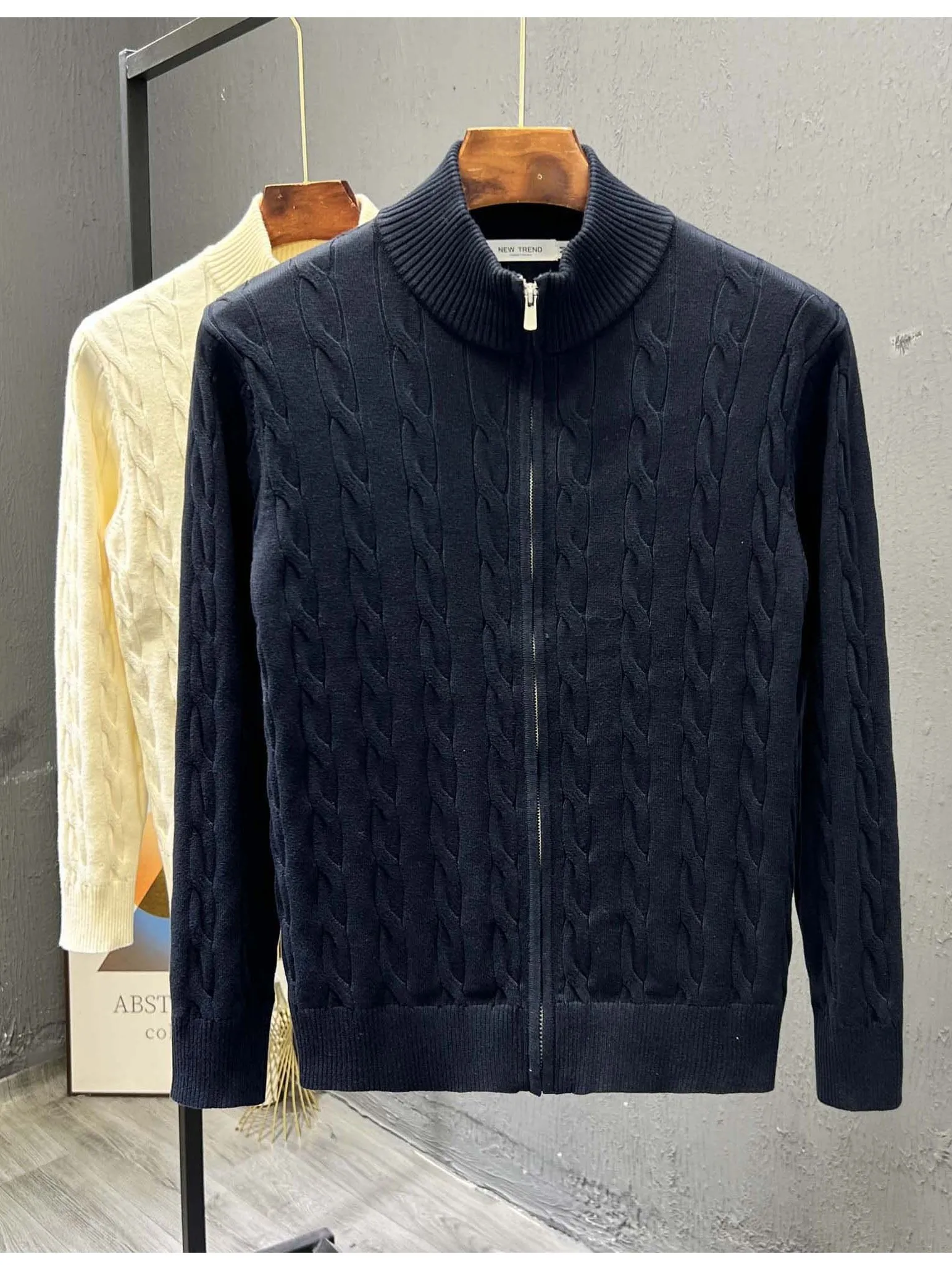 

Мужской вязаный кардиган на молнии с длинным рукавом, воротником-стойкой, повседневный, осенне-зимний, высокого качества, свободного кроя, верхняя одежда