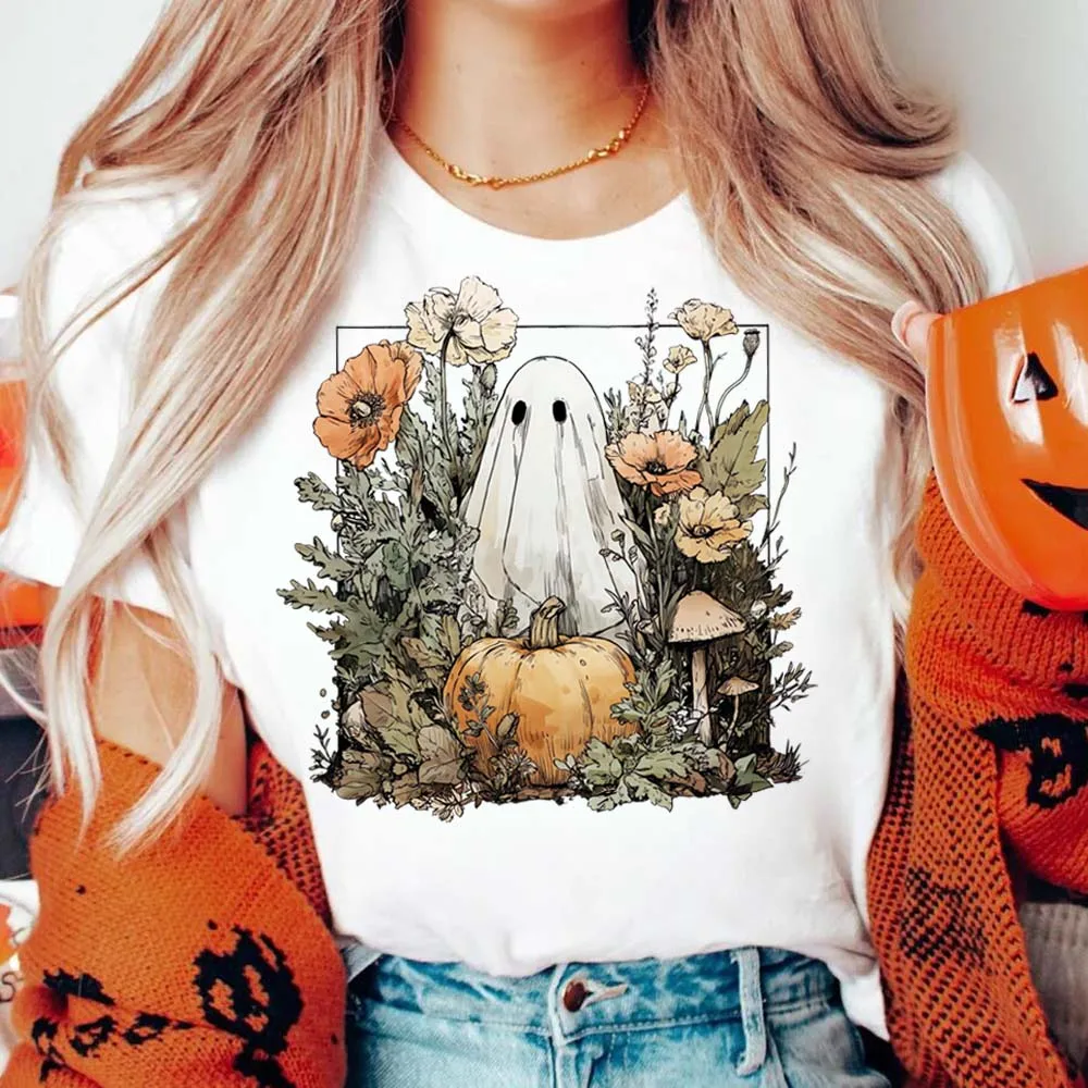

Harajuku призрак тыквенный узор новая женская обычная базовая одежда с круглым вырезом футболка мультфильм повседневный стиль популярная женская футболка