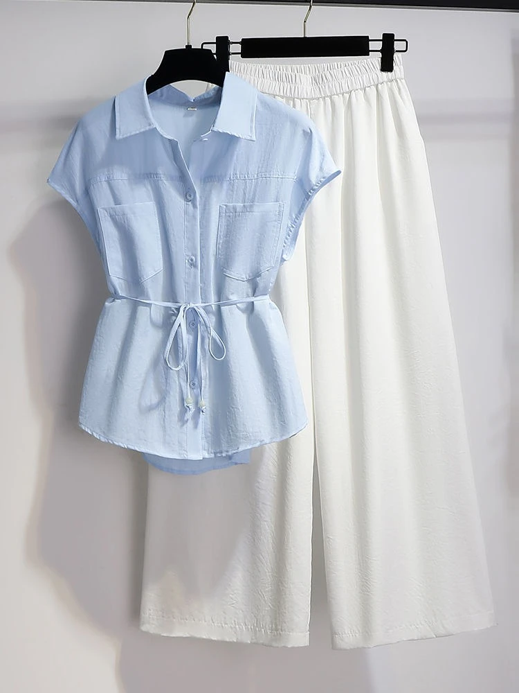 

Комплекты широких брюк для женщин, комплект из 2 предметов для торжественных случаев, корейский стиль, новые брюки с одинаковым верхом и низом, женская блузка и рубашка