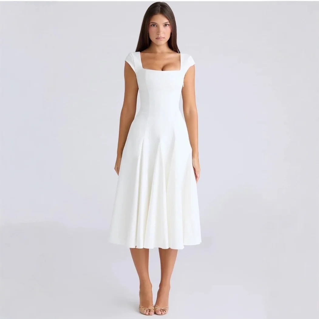 Mingmingxi 2025 فستان خريفي بأكمام كيب للنساء 2025 رقبة مربعة أنيق ميدي فستان أبيض لحفلات الأعياد ملابس نوادي غير رسمية