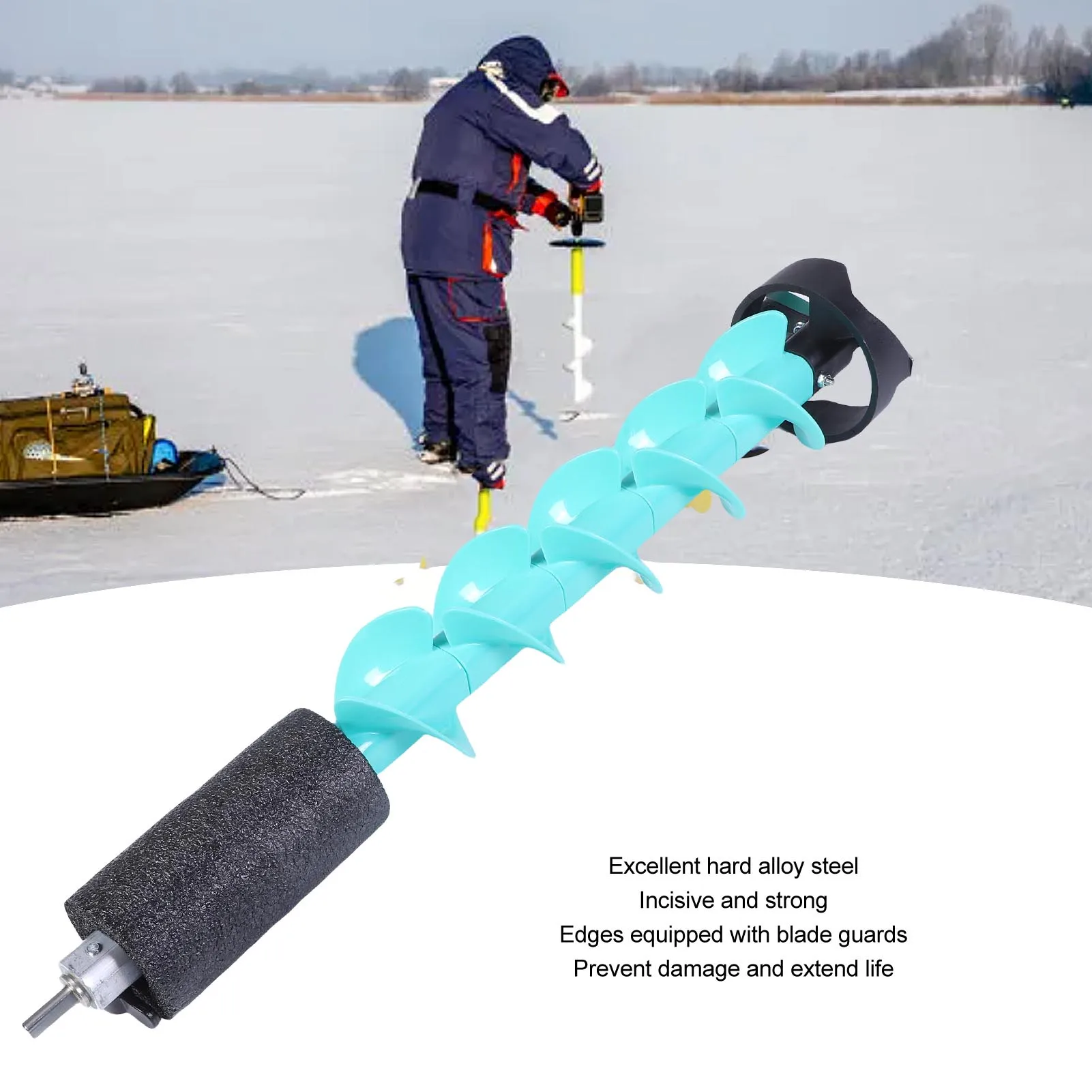 

5-дюймовый ледоруб с позиционирующим наконечником, плавающий нейлоновый электрический бур для зимней рыбалки на глубоком льду и толстом слое льда, синий
