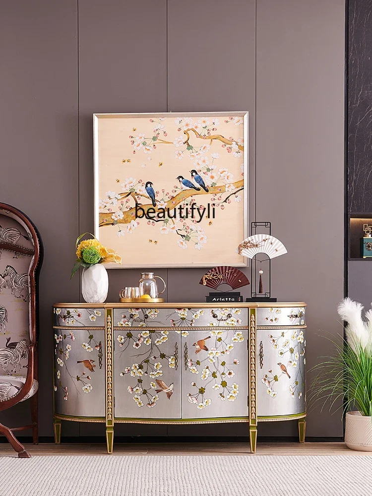 French Painted Flower and Bird Silver Solid Wood Semi-Round European American New Chinese Style Entrance Decoration Cabinet